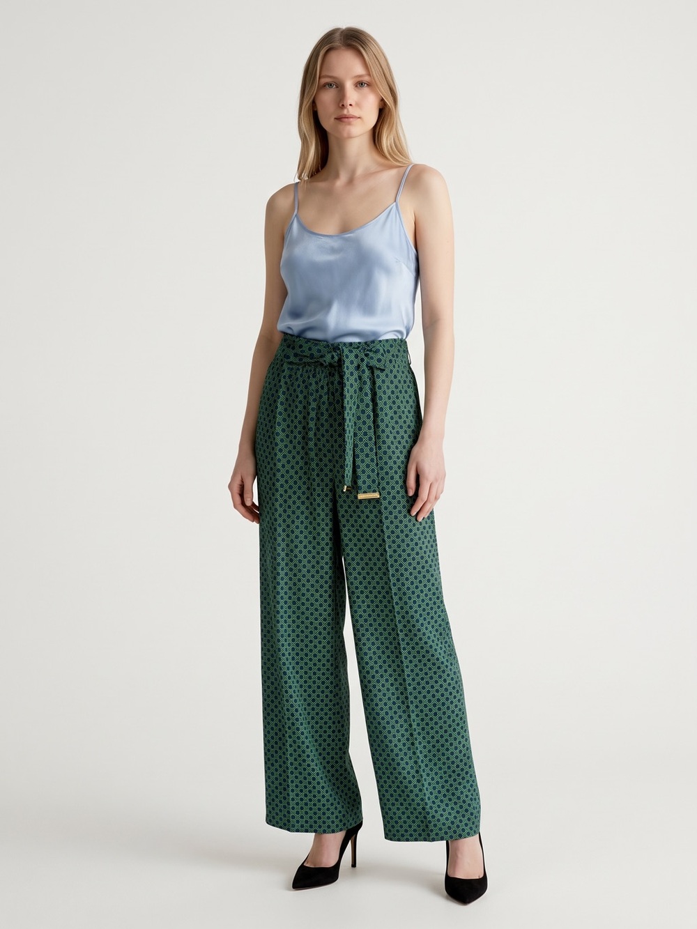 MICHAEL Michael Kors Green Geo Print Wide-Leg Tie Waist Pants
